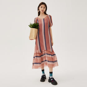 谜底100%桑蚕丝连衣裙2024秋季新品条纹撞色A型长裙短袖243GL1173