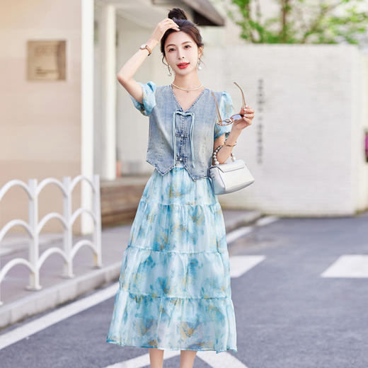 HR WY89069气质时尚新中式风印花拼接两件套裙 商品图0