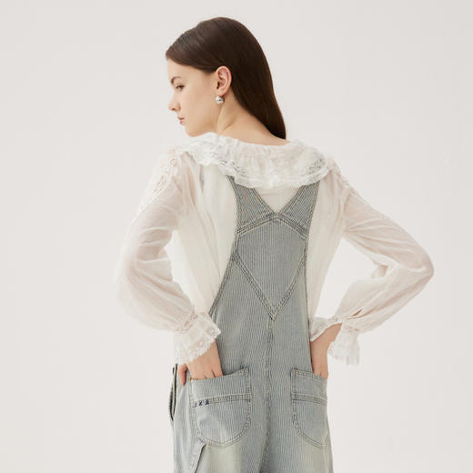 谜底衬衫上衣女2024秋款淑女风通勤荷叶领拼接花边衬衣243MS1006 商品图2