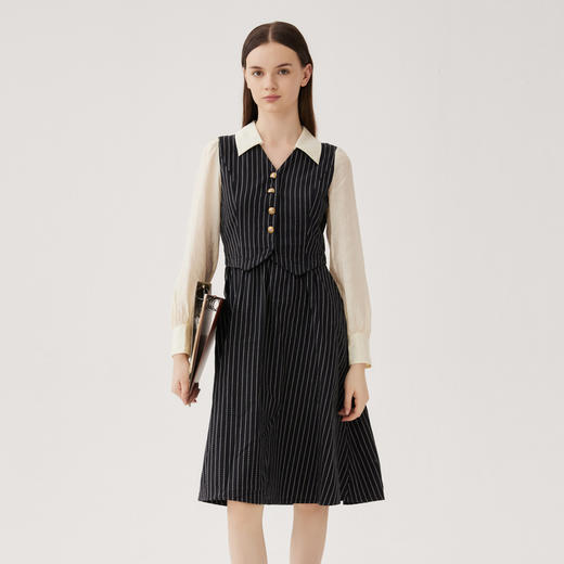 谜底拼接式连衣裙2024秋季款通勤风V领条纹假两件中长裙247ML5202 商品图0