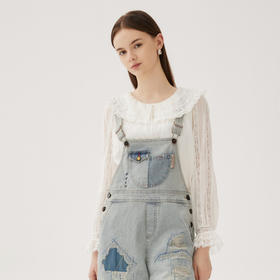 谜底衬衫上衣女2024秋款淑女风通勤荷叶领拼接花边衬衣243MS1006