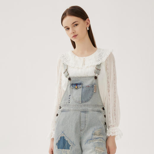 谜底衬衫上衣女2024秋款淑女风通勤荷叶领拼接花边衬衣243MS1006 商品图0