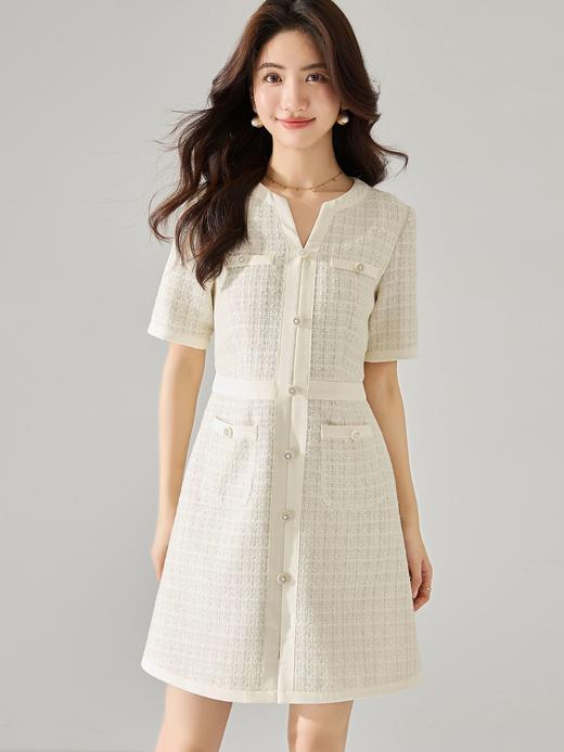 25严选温柔精致高腰显瘦A字小香气质亮丝花呢短袖收腰连衣裙_HLY 商品图2