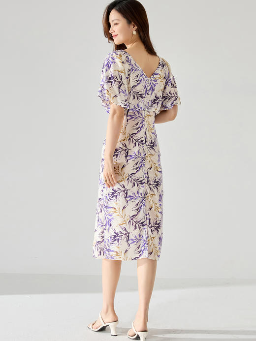 25严选夏紫调鸢尾花遮肉泡泡袖印花连衣裙V领收腰碎花茶歇裙_HLY 商品图3