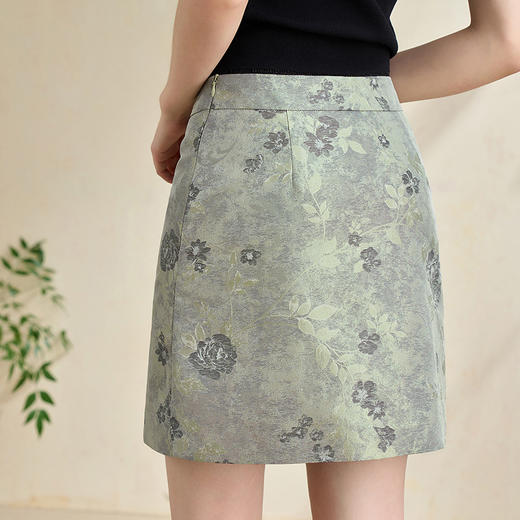 新中式国风重工提花一字扣半身裙女开叉直筒裙V2742130 商品图4