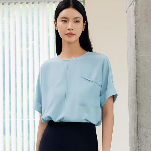 玳莎真丝双绉短袖小衫2024年夏季新款女士简约连肩袖圆领上衣衬衫  EB31110 商品图3
