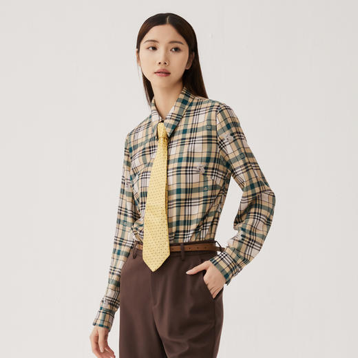 谜底格子衬衫长袖女2024秋款复古文艺风百搭莱赛尔衬衣247MC5218 商品图1