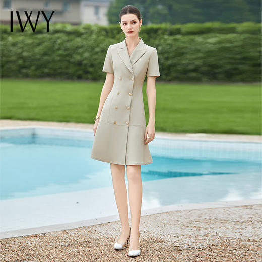 IWY/端庄大气连衣裙女灰杏色西装连身裙双排扣职业工作服短袖西服裙Q1154 商品图0