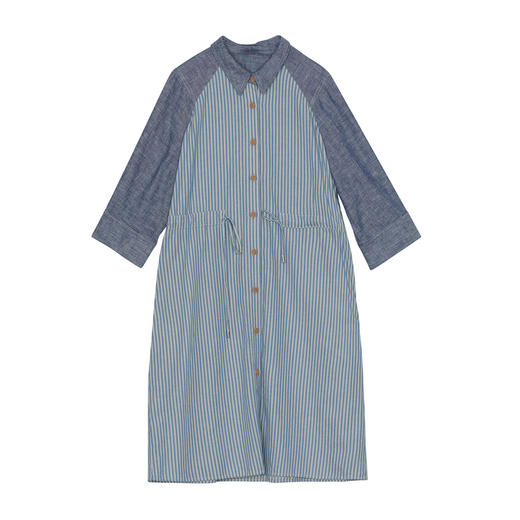 谜底连衣裙中袖女2024秋款美式复古风落肩袖棉麻衬衫裙243ML1054 商品图4