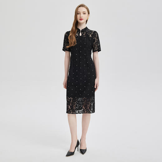 PF815斯尔丽2024新款改良旗袍浪漫波点蕾丝收腰修身连衣裙 商品图3