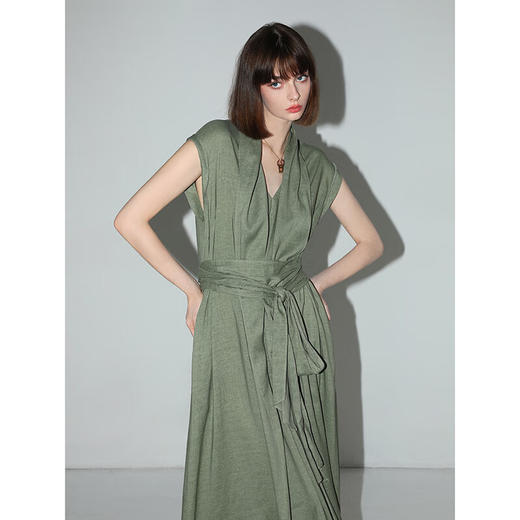 【秒杀】COCOBELLA商务通勤亚麻连衣裙女夏立体飘带领系带衬衫裙FR3051 商品图1