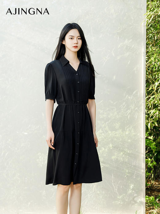 【商场同款】阿菁娜2024夏季新款V领翻领收腰式连衣裙A30X212069 商品图0