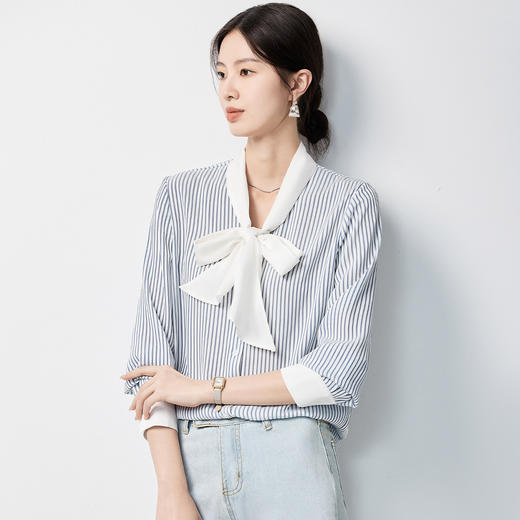 罗蒙春秋蝴蝶结条纹长袖衬衫女士知性优雅通勤百搭衬衣女 商品图2
