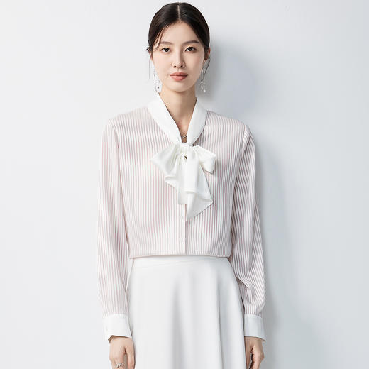 罗蒙春秋蝴蝶结条纹长袖衬衫女士知性优雅通勤百搭衬衣女 商品图3