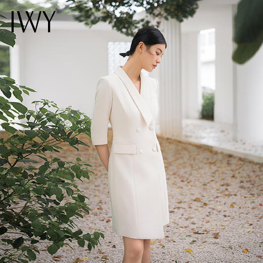 IWY/时尚优雅杏色职业连衣裙七分袖女气质主持人上镜装修身艺考裙Q14207 商品图1