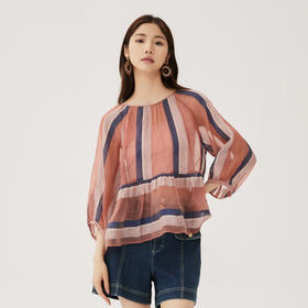 谜底100%桑蚕丝上衣2024秋季新品圆领条纹拼色宽松衬衫243GS1154