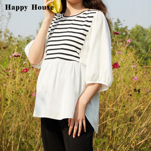 【B8F】快乐屋孕妇减龄针织条纹拼接五分袖上衣版 商品图1