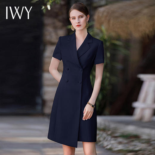IWY/夏季新品藏蓝色收腰显瘦短袖连衣裙不规则通勤干练短袖职业裙Q952-ZL 商品图1
