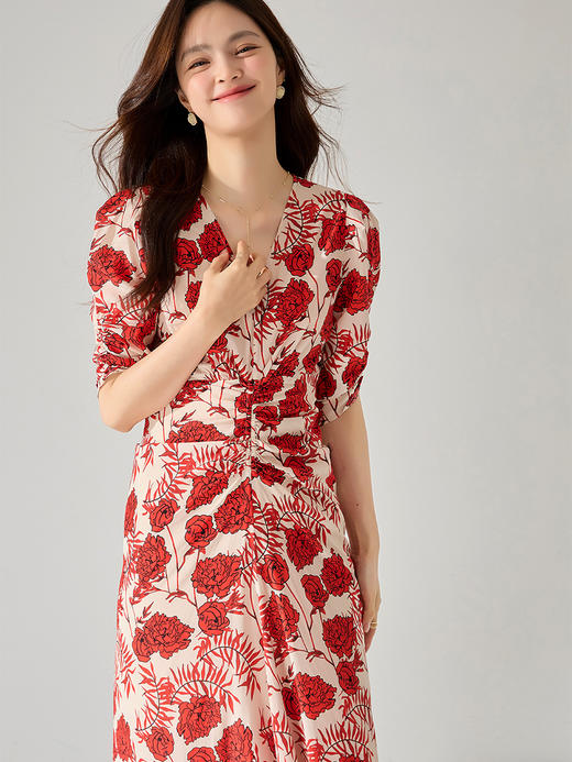 25严选夏新款法式V领泡泡袖收腰松紧抽褶玫瑰印花长款连衣裙_HLY 商品图1