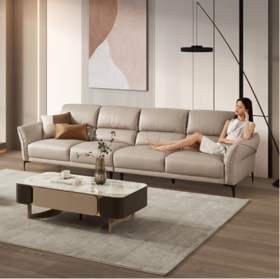 顾家家居简约头层黄牛皮沙发可翻折扶手羽毛填充靠包真皮沙发客厅1202 【燕麦色】四人位