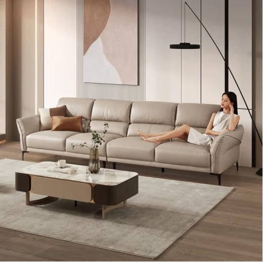 顾家家居简约头层黄牛皮沙发可翻折扶手羽毛填充靠包真皮沙发客厅1202 【燕麦色】四人位 商品图0