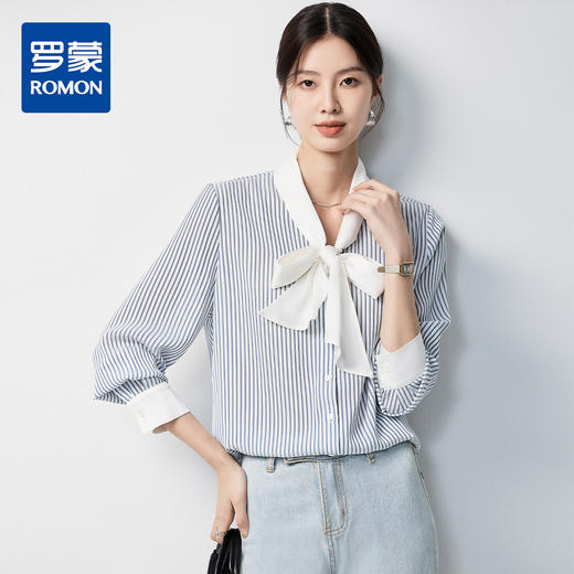 罗蒙春秋蝴蝶结条纹长袖衬衫女士知性优雅通勤百搭衬衣女 商品图0