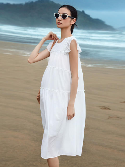 [B8F]快乐屋孕妇蛋糕裙潮妈时尚2024新款雪纺连衣裙夏装宽松孕妇裙子夏 米白 M 商品图2