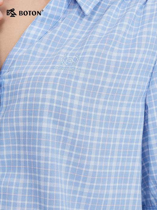 波顿女士2024春夏新款蓝白色短袖格子衬衫高端美式休闲衬衣LS009224 商品图4