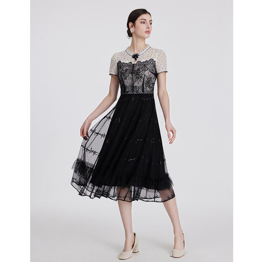 司歌蕾丝刺绣短袖连衣裙复古仙气A891043X 商品图2