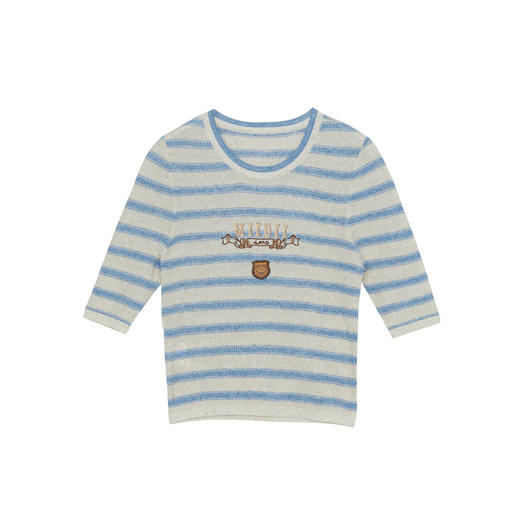 谜底套头针织衫短袖女2024秋款学院风条纹圆领短款上衣243MZ1263 商品图4