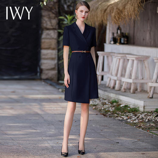 IWY/夏季新品藏蓝色收腰显瘦短袖连衣裙不规则通勤干练短袖职业裙Q952-ZL 商品图0