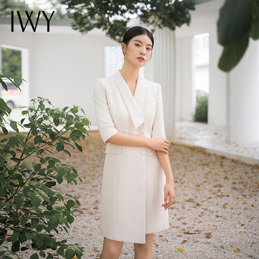 IWY/时尚优雅杏色职业连衣裙七分袖女气质主持人上镜装修身艺考裙Q14207 商品图2