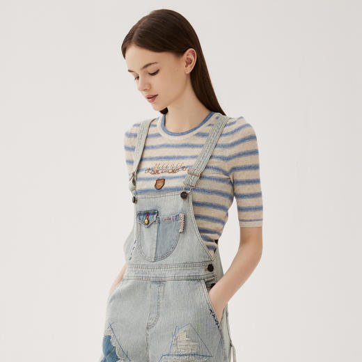 谜底套头针织衫短袖女2024秋款学院风条纹圆领短款上衣243MZ1263 商品图1