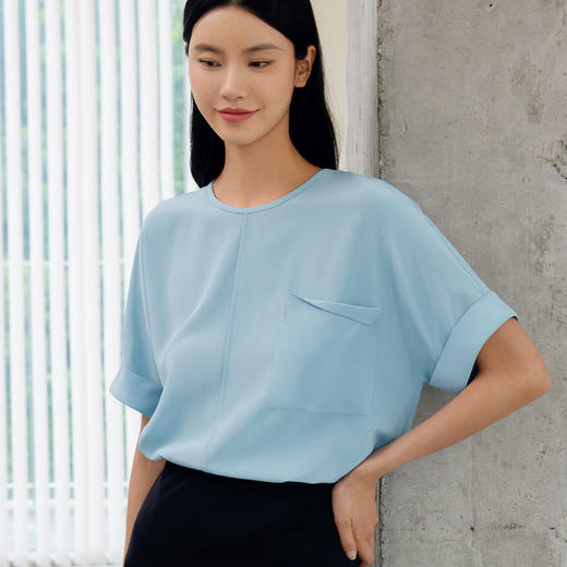 玳莎真丝双绉短袖小衫2024年夏季新款女士简约连肩袖圆领上衣衬衫  EB31110 商品图0