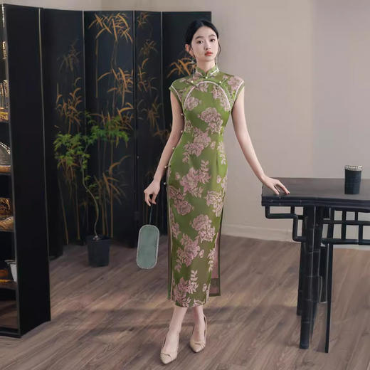 新中式绿色旗袍老上海传统温婉端庄优雅日常走秀演出YM8352 商品图2