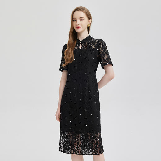 PF815斯尔丽2024新款改良旗袍浪漫波点蕾丝收腰修身连衣裙 商品图2
