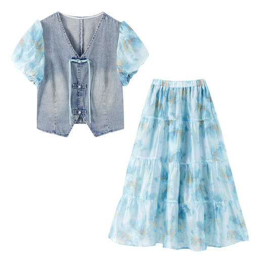 HR WY89069气质时尚新中式风印花拼接两件套裙 商品图4