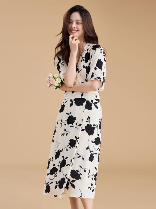 25严选夏国风法式复古黑白印花一片式裹身裙中式优雅连衣裙_HLY 商品图1