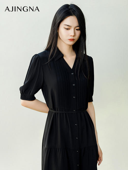 【商场同款】阿菁娜2024夏季新款V领翻领收腰式连衣裙A30X212069 商品图4