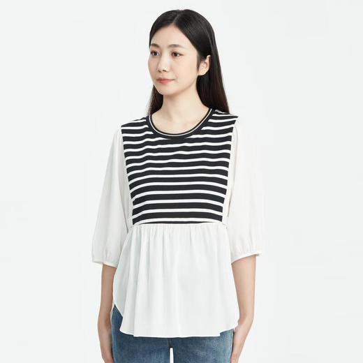 【B8F】快乐屋孕妇减龄针织条纹拼接五分袖上衣版 商品图3