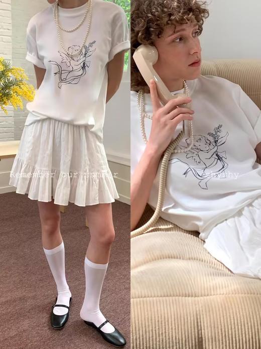 shyshystill/shy202404025/棉质舒适感宽松两色手绘印花短袖 商品图0