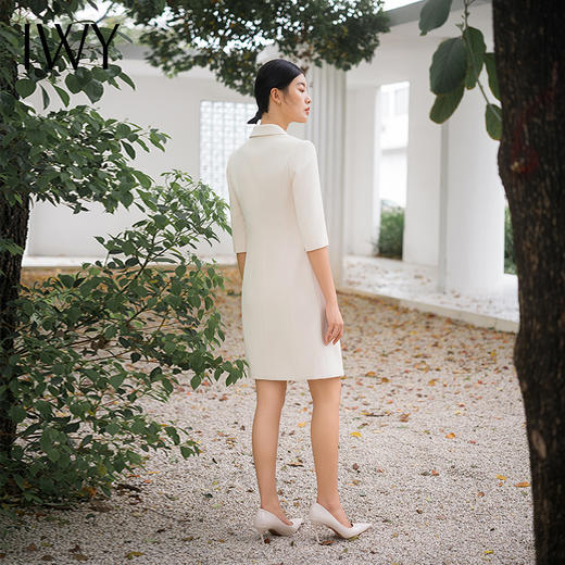 IWY/时尚优雅杏色职业连衣裙七分袖女气质主持人上镜装修身艺考裙Q14207 商品图4