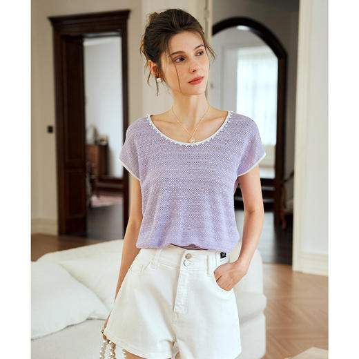 OLrain欧芮儿法式紫色针织衫女夏季2024年新款小香风圆领短袖 商品图1