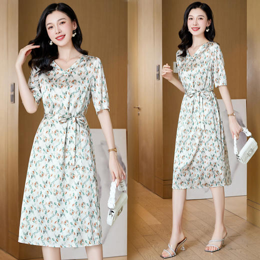 高端真丝印花V领气质知性百搭优雅连衣裙LZW-ASE23066 商品图1