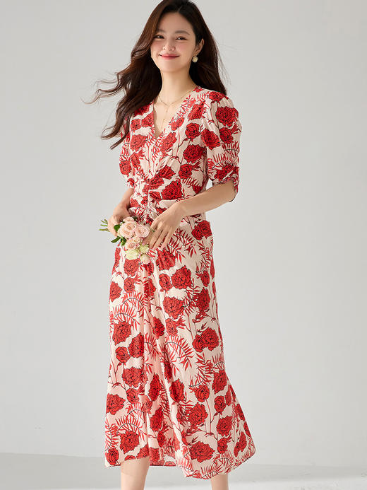 25严选夏新款法式V领泡泡袖收腰松紧抽褶玫瑰印花长款连衣裙_HLY 商品图2