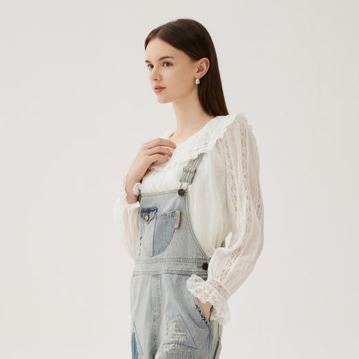 谜底衬衫上衣女2024秋款淑女风通勤荷叶领拼接花边衬衣243MS1006 商品图1