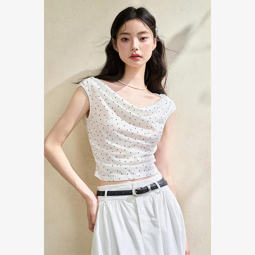 法式复古优雅波点荡领堆堆领暗纹T恤女通勤质感上衣V2542034 商品图0