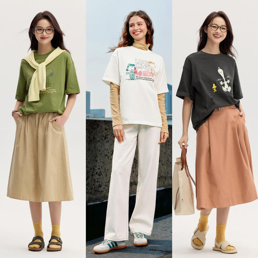 【99元任选2件】森马史努比系列短袖T恤女中长款印花新款纯棉秋装 商品图3