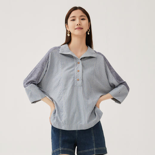 谜底大廓形棉麻衬衫女2024秋款复古刺绣拼接落肩袖衬衣243MC1121 商品图0