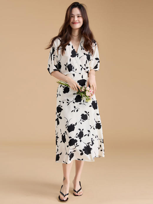 25严选夏国风法式复古黑白印花一片式裹身裙中式优雅连衣裙_HLY 商品图0